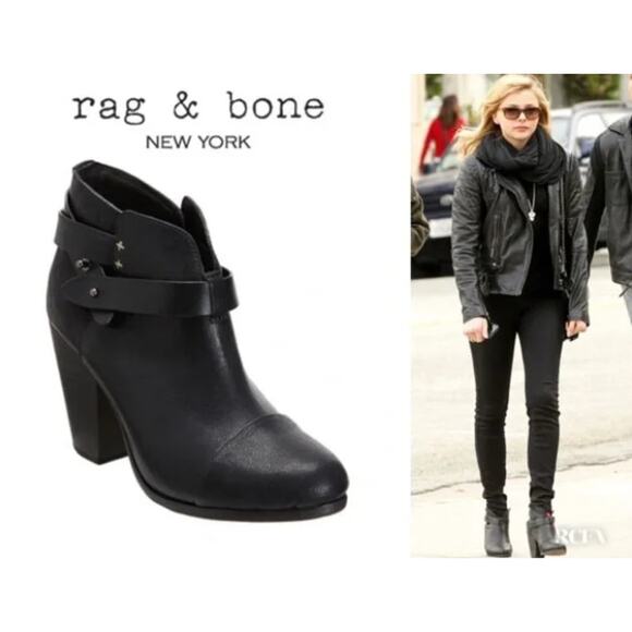 Rag & Bone Harrow Ankle Booties 6 36 Black Leather Boot Western Boho Moto Buckle - Picture 1 of 9